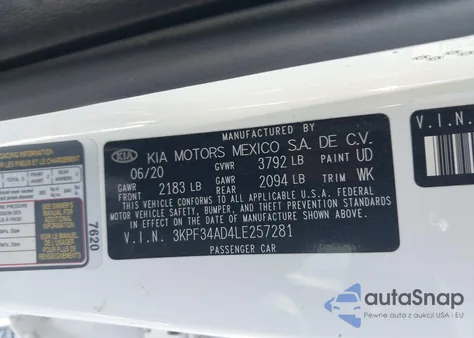 2020 Kia Forte Gt-Line z USA, uszkodzony, nr VIN 3KPF34AD4LE257281